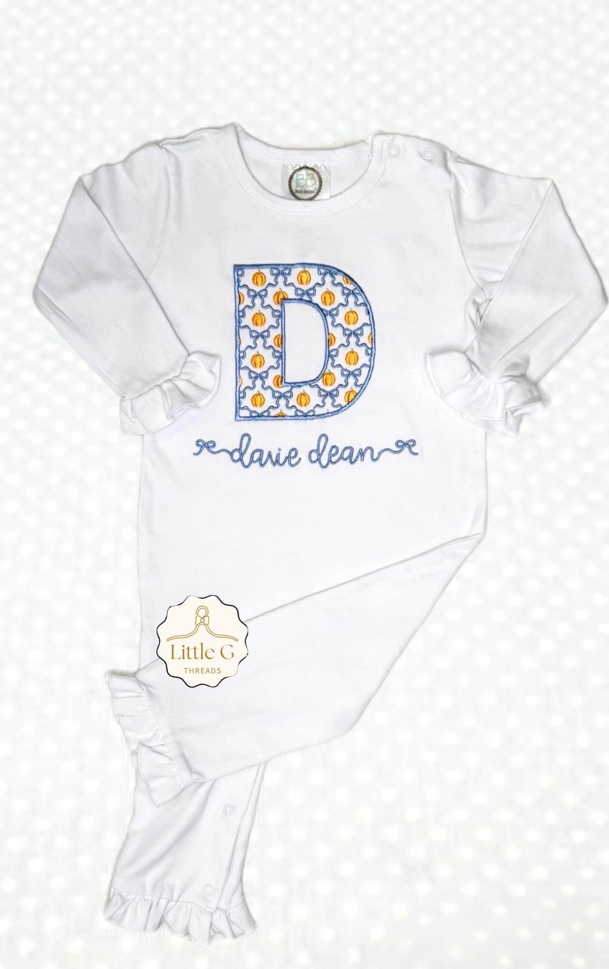 Pumpkin/Bow Initial LS Ruffle Romper