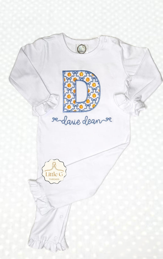 Pumpkin/Bow Initial LS Ruffle Romper