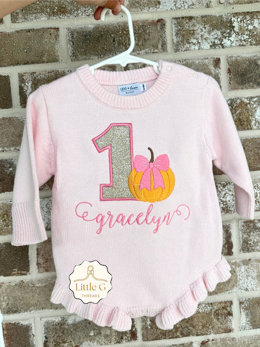 1st Birthday LS Ruffle Knit Romper(Pumpkin)