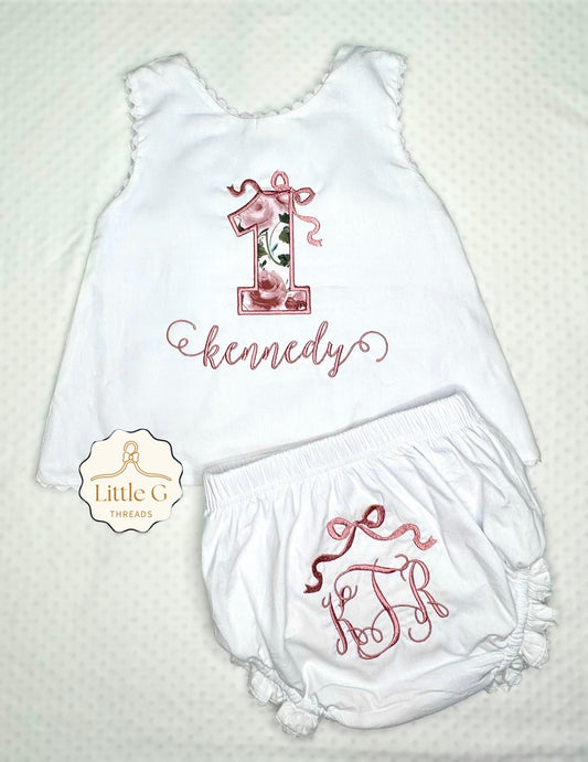 1st Birthday Roses Swing Back Diaper Set