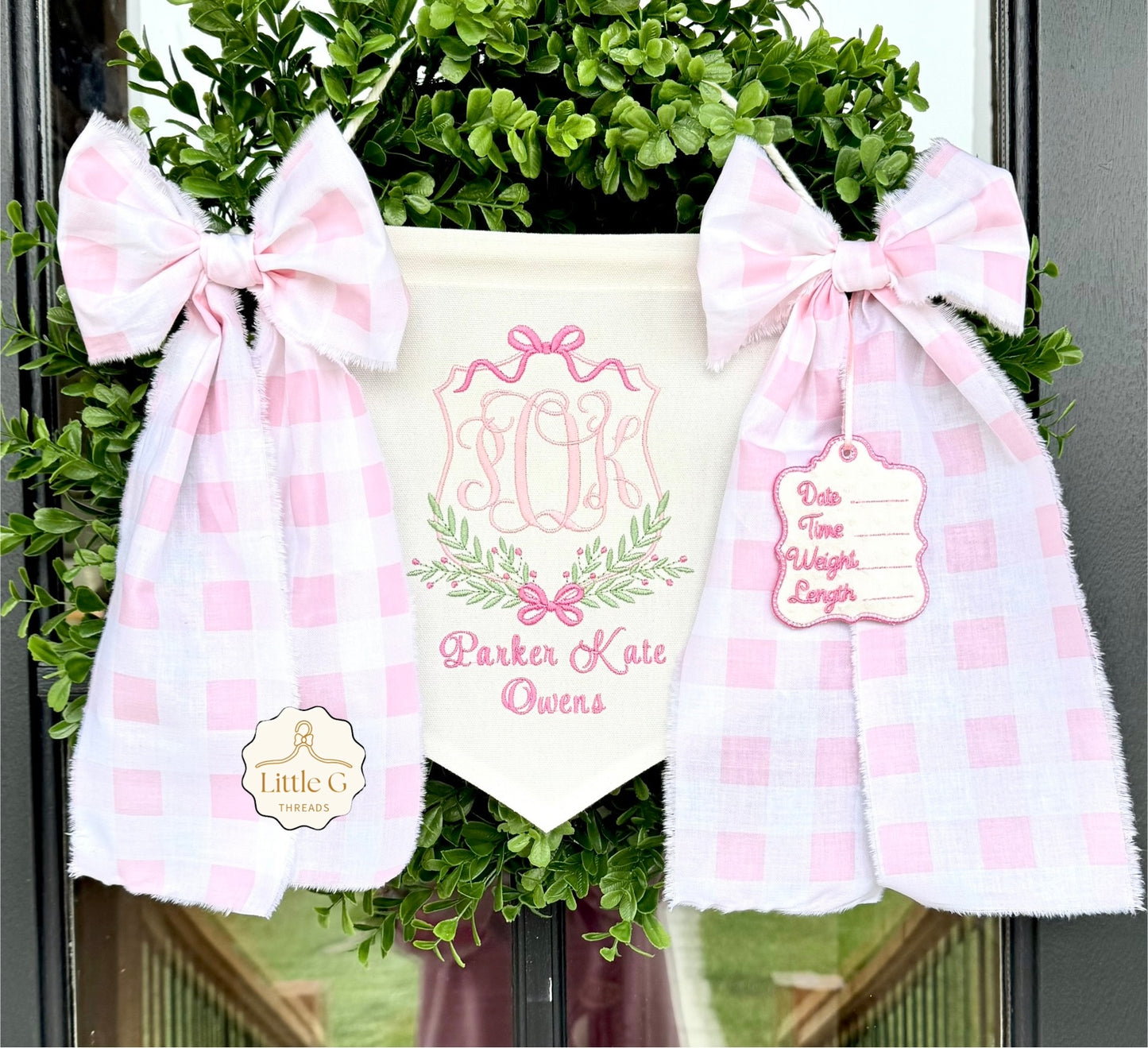 Birth Announcement Banner (Hot Pink Crest/1in Gingham Bows)