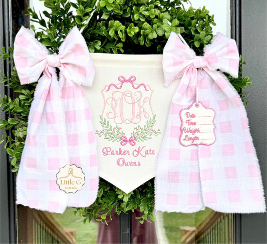 Birth Announcement Banner (Hot Pink Crest/1in Gingham Bows)