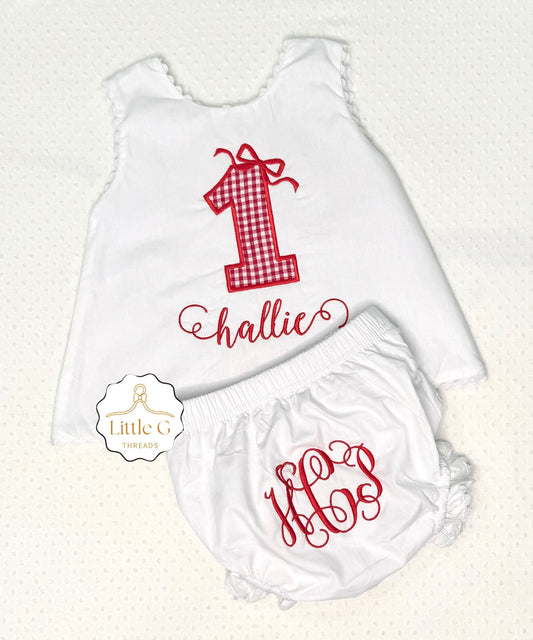 1st Birthday Red Gingham Swing Back Diaper Set