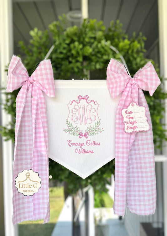 Birth Announcement Banner (Hot Pink Crest/Gingham Bows)