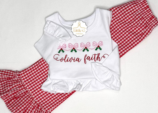 Holly Bows LS Gingham Ruffle Pant Set