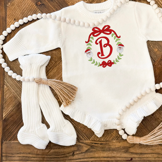Long Sleeve Ruffle Knit Romper(Santa)