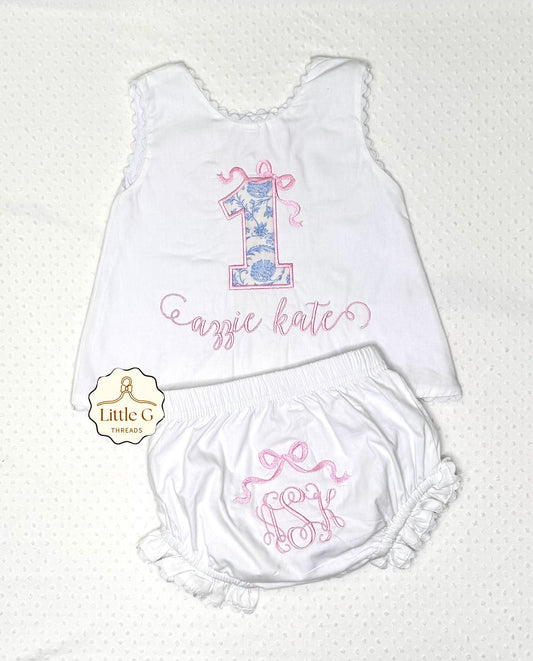 1st Birthday Blue Floral Swing Back Diaper Set