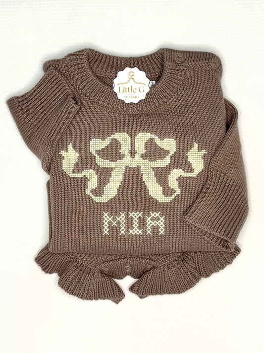 Cross-stitch Bow LS Ruffle Knit Romper