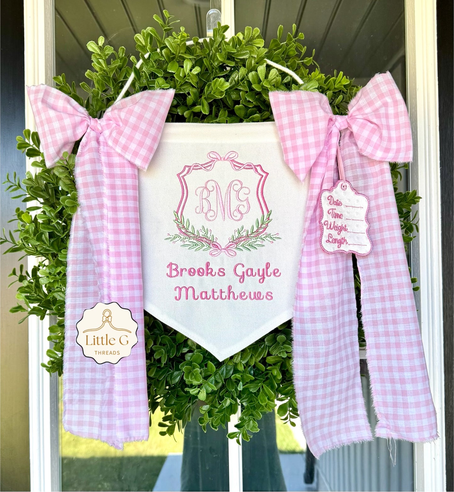 Birth Announcement Banner (pink gingham with double hot pink crest)