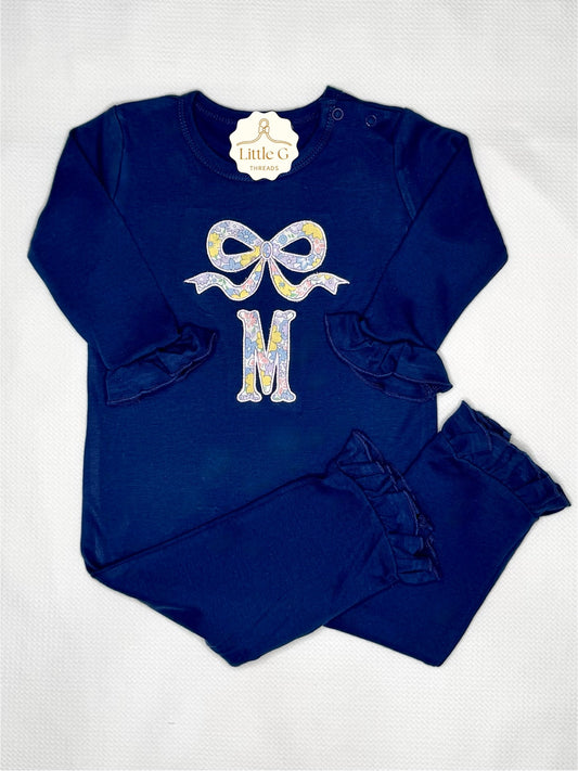 Appliqué Bow LS Ruffle Romper
